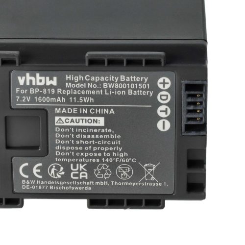 Videokamera Akku Canon 2740B002, für BP-819 - 1600 mAh 7,2 V Li-Ion