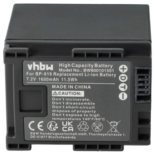 Videokamera Akku Canon 2740B002, für BP-819 - 1600 mAh 7,2 V Li-Ion