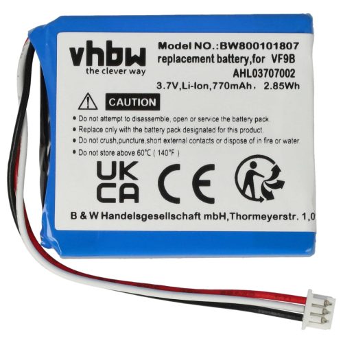 VHBW GPS Battery VF9B, AHL03706001, AHL03707002, VF9 - 770 mAh 3.7 V Li-Ion