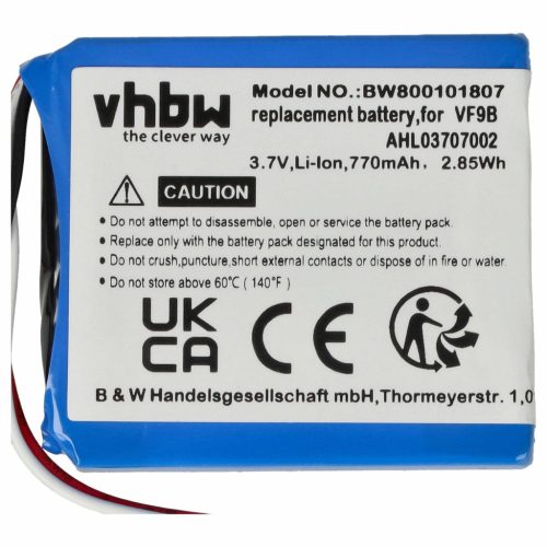 VHBW GPS Battery VF9B, AHL03706001, AHL03707002, VF9 - 770 mAh 3.7 V Li-Ion
