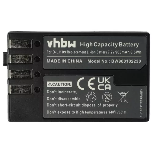 VHBW Pentax D-Li109 battery - 900 mAh, 7.2 V, Li-Ion
