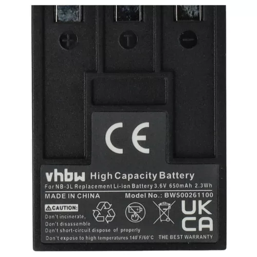 VHBW Akku für Canon NB-3L - 650 mAh 3,6 V Li-Ion