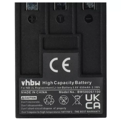 VHBW Akku für Canon NB-3L - 650 mAh 3,6 V Li-Ion