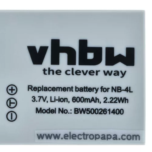 VHBW Akku Canon NB-4L Ersatz - 600 mAh 3,6 V Li-Ion