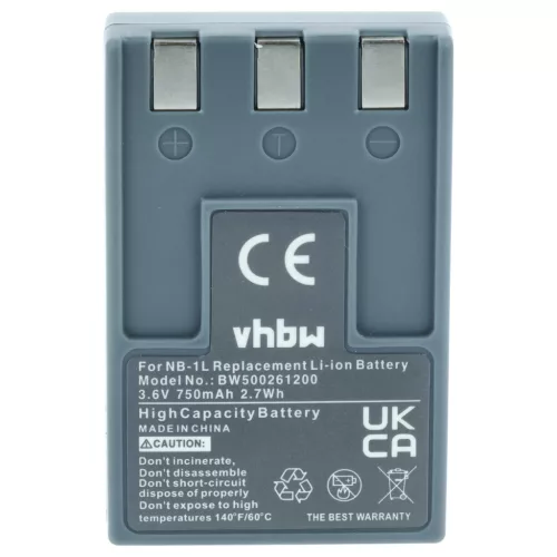 VHBW Akku für Canon NB-1LH, NB-1L - 750 mAh 3,6 V Li-Ion