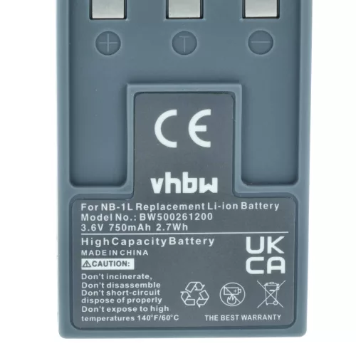 VHBW Akku für Canon NB-1LH, NB-1L - 750 mAh 3,6 V Li-Ion