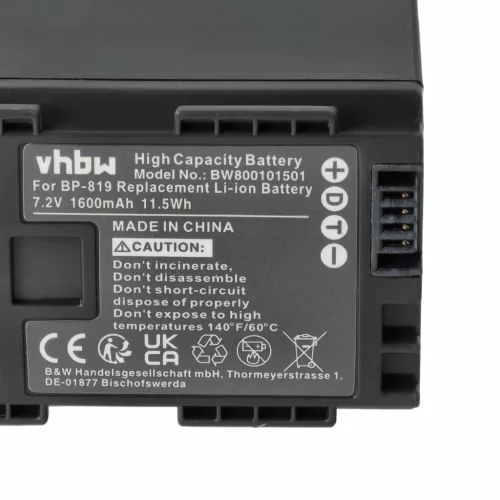 VHBW Videokamera Akku Canon 2740B002, BP-819 - 1600 mAh 7,2 V Li-Ion