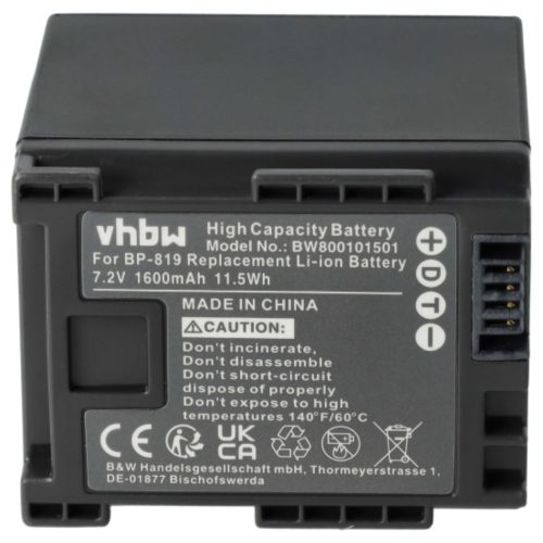 VHBW Videokamera Akku 2740B002, BP-819 - 1600 mAh 7,2 V Li-Ion