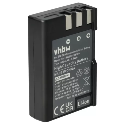 VHBW Battery Nikon EN-EL9a, EN-EL9E, EN-EL9 - 900 mAh 7.2 V Li-Ion