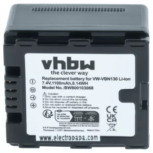 VHBW Videokamera Akku VW-VBN130E-K, VW-VBN130E, VW-VBN130 - 1100 mAh 7,2 V Li-Ion