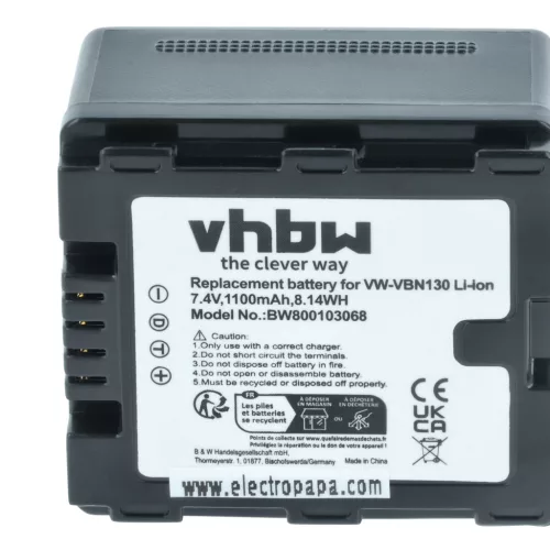 VHBW Videokamera Akku VW-VBN130E-K, VW-VBN130E, VW-VBN130 - 1100 mAh 7,2 V Li-Ion