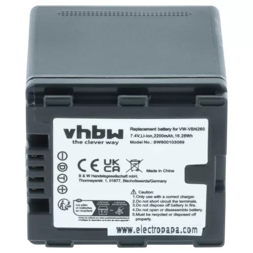 VHBW Videokamera Akku VW-VBN130E-K, VW-VBN130E, VW-VBN130 - 2200 mAh 7,2 V Li-Ion