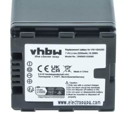 VHBW Videokamera Akku VW-VBN130E-K, VW-VBN130E, VW-VBN130 - 2200 mAh 7,2 V Li-Ion
