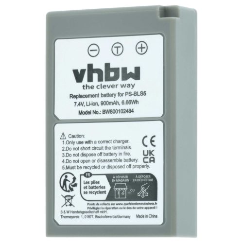 VHBW Battery Olympus PS-BLS5, BLS50, BLS-5, BLS-50 - 900 mAh 7.2 V Li-Ion