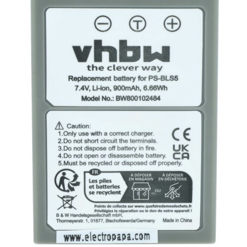 VHBW Battery Olympus PS-BLS5, BLS50, BLS-5, BLS-50 - 900 mAh 7.2 V Li-Ion