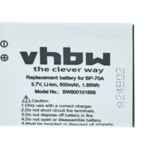 VHBW Battery Samsung EA-BP70A, SLB-70A, BP70a, BP-70a - 500 mAh 3.6 V Li-Ion