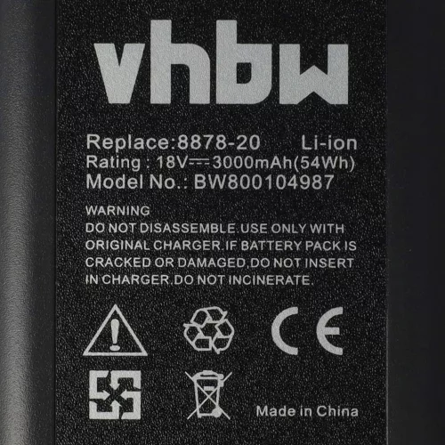 VHBW Lawn Mower Battery Gardena 8835, 8835-20, 8835-U, 8835-00.701.00 - 3000mAh 18V Li-Ion, black