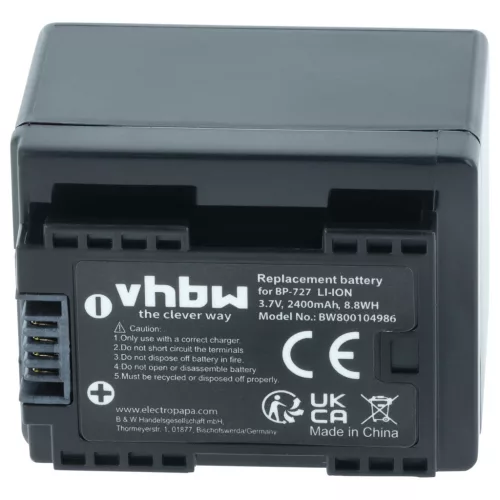VHBW Videokamera Akku Canon BP-727 - 2400 mAh 3,6 V Li-Ion