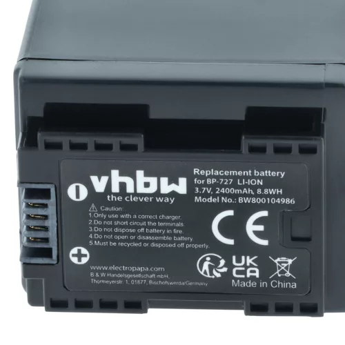 VHBW Videokamera Akku Canon BP-727 - 2400 mAh 3,6 V Li-Ion