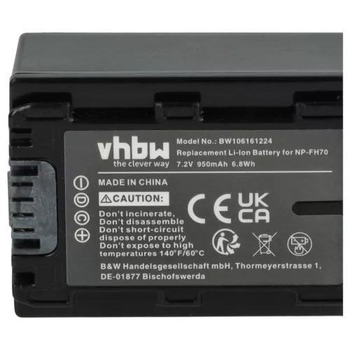 VHBW Video Camera Battery NP-FH50, NP-FH100, NP-FH70, NP-FH40 - 950 mAh 7.2 V Li-Ion