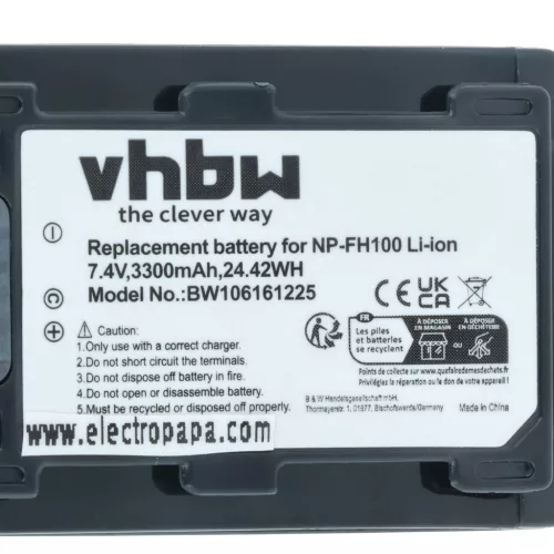 VHBW Video Camera Battery NP-FH50, NP-FH100, NP-FH70, NP-FH40 - 3300 mAh 7.4 V Li-Ion