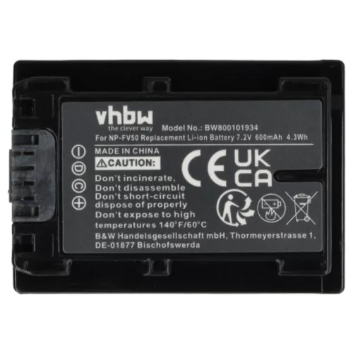 VHBW Video Camera Battery NP-FV40, NP-FV50, NP-FV30 - 600 mAh 7.2 V Li-Ion