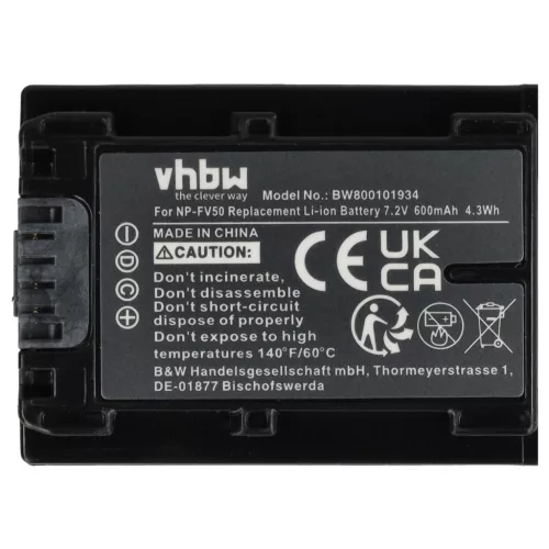 VHBW Video Camera Battery NP-FV40, NP-FV50, NP-FV30 - 600 mAh 7.2 V Li-Ion