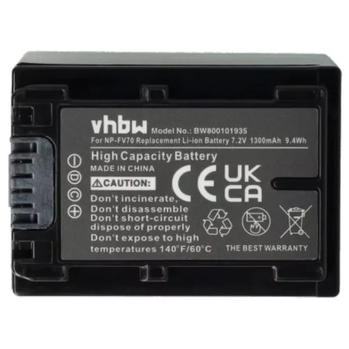 VHBW Video Camera Battery NP-FV40, NP-FV50, NP-FV100, NP-FV60, NP-FV30 - 1300 mAh 7.2 V Li-Ion