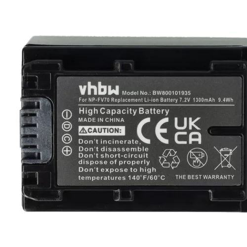 VHBW Video Camera Battery NP-FV40, NP-FV50, NP-FV100, NP-FV60, NP-FV30 - 1300 mAh 7.2 V Li-Ion