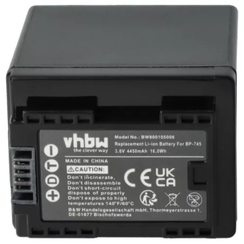 VHBW Videokamera Akku Canon BP-745, BP-727 - 4450 mAh 3,6 V Li-Ion