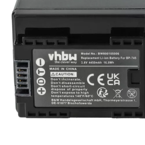 VHBW Videokamera Akku Canon BP-745, BP-727 - 4450 mAh 3,6 V Li-Ion
