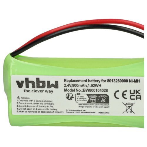 VHBW Akkumulátor 2SNAAA55HSJ1, 2SN-AAA55H-S-J1 - 800 mAh 2,4 V NiMH