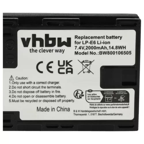 VHBW Akku Canon LP-E6 Ersatz - 2000 mAh 7,2 V Li-Ion
