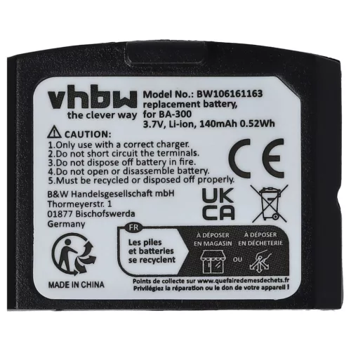 VHBW Drahtloser Kopfhörer Akku BA300, BA-300, 500898, 523306 - 140 mAh 3,7 V Li-Polymer