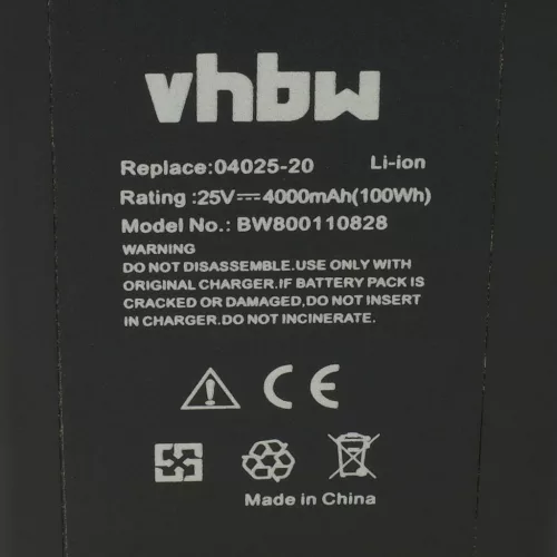 VHBW Gardena 8838, 8838U, 04025-20, 8838-20, 4025 Lawn Mower Battery - 4000 mAh, 25 V, Li-Ion, Black