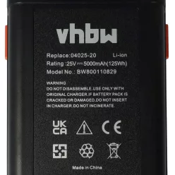   VHBW Gardena 8838, 8838U, 04025-20, 8838-20, 4025 Lawn Mower Battery - 5000 mAh, 25 V, Li-Ion, Black