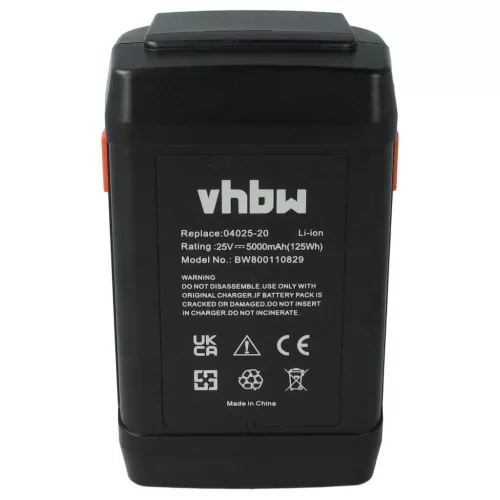 VHBW Gardena 8838, 8838U, 04025-20, 8838-20, 4025 Lawn Mower Battery - 5000 mAh, 25 V, Li-Ion, Black