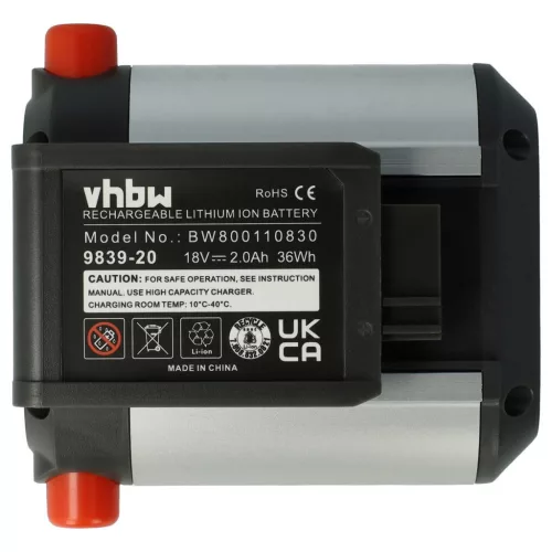 VHBW Lawn Mower Battery Gardena BLi-18, 9839-20, 9840-20, 2000 mAh, 18 V, Li-Ion, black