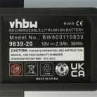 VHBW Lawn Mower Battery Gardena BLi-18, 9839-20, 9840-20, 2000 mAh, 18 V, Li-Ion, black