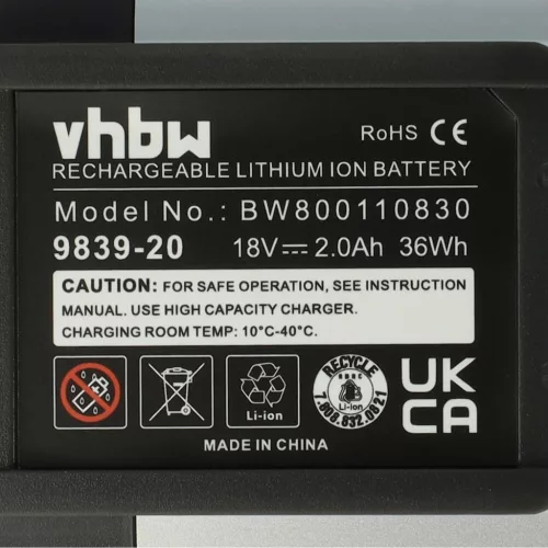 VHBW Lawn Mower Battery Gardena BLi-18, 9839-20, 9840-20, 2000 mAh, 18 V, Li-Ion, black