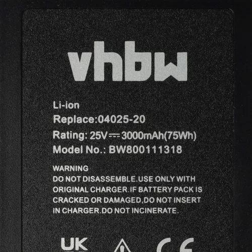 VHBW Gardena Lawn Mower Battery 8838, 8838U, 04025-20, 8838-20, 4025 - 3000mAh 25V Li-Ion, Black