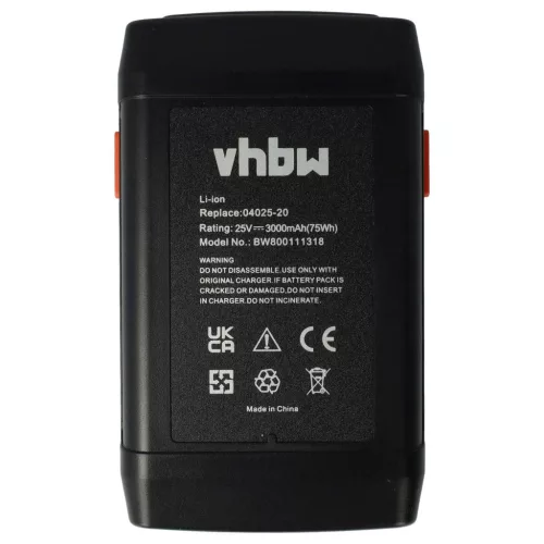 VHBW Gardena Lawn Mower Battery 8838, 8838U, 04025-20, 8838-20, 4025 - 3000mAh 25V Li-Ion, Black