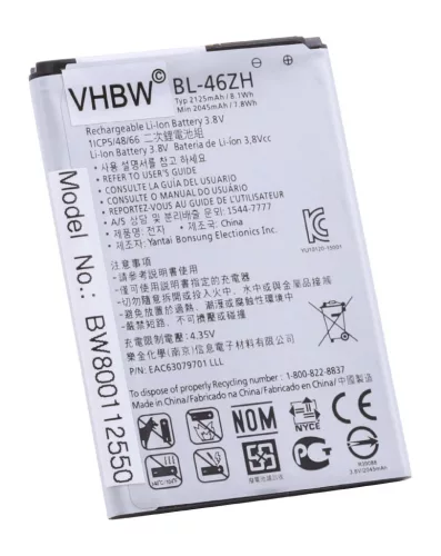 VHBW Mobiltelefon akkumulátor  LG EAC63079701, BL-46ZH - 2125 mAh 3,8 V Li-Ion