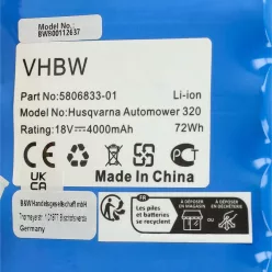   VHBW Husqvarna 580 68 33-01 Lawn Mower Battery - 4000 mAh 18 V Li-Ion
