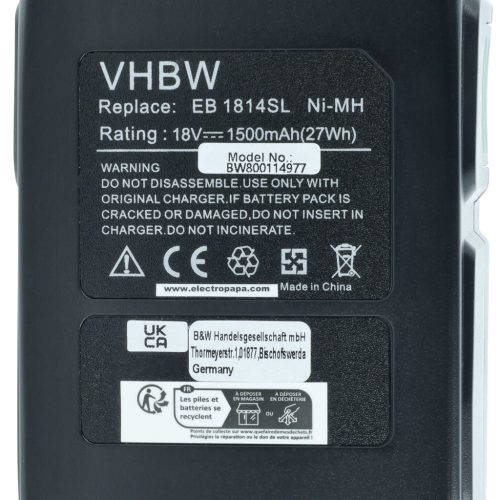VHBW Electric Tool Battery Hitachi BCC 1815, BCH 1820, EB 1814SL, EB 1812S - 1500 mAh 18 V NiMH