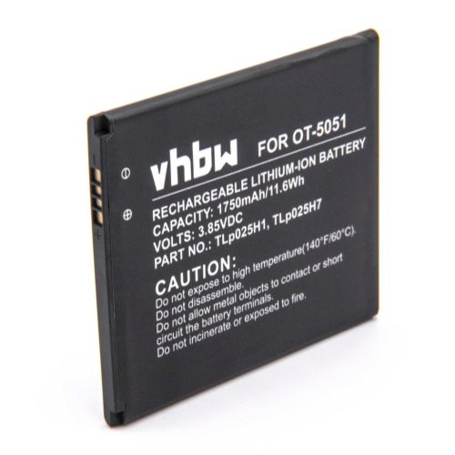VHBW Mobile Phone Battery for Alcatel TLp025H7, TLp025H1 - 1750 mAh 3.8 V Li-Ion