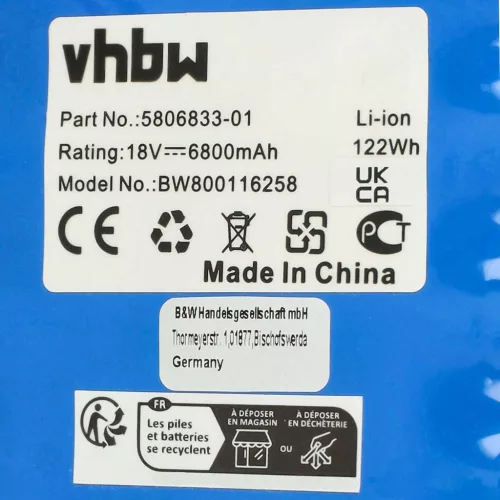 VHBW Husqvarna 580 68 33-01 Lawn Mower Battery Pack - 6800 mAh 18 V Li-Ion