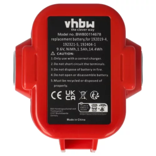 VHBW Electric Tool Battery Makita 192321-5, 192404-1, 192019-4, 192534-8 - 1500 mAh 9.6 V NiMH