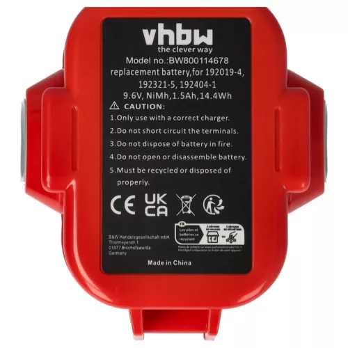 VHBW Electric Tool Battery Makita 192321-5, 192404-1, 192019-4, 192534-8 - 1500 mAh 9.6 V NiMH