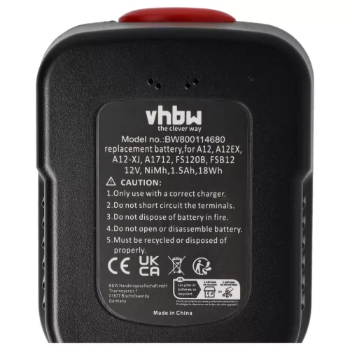 VHBW Electric Tool Battery A12, A12EX - 1500 mAh 12 V NiMH